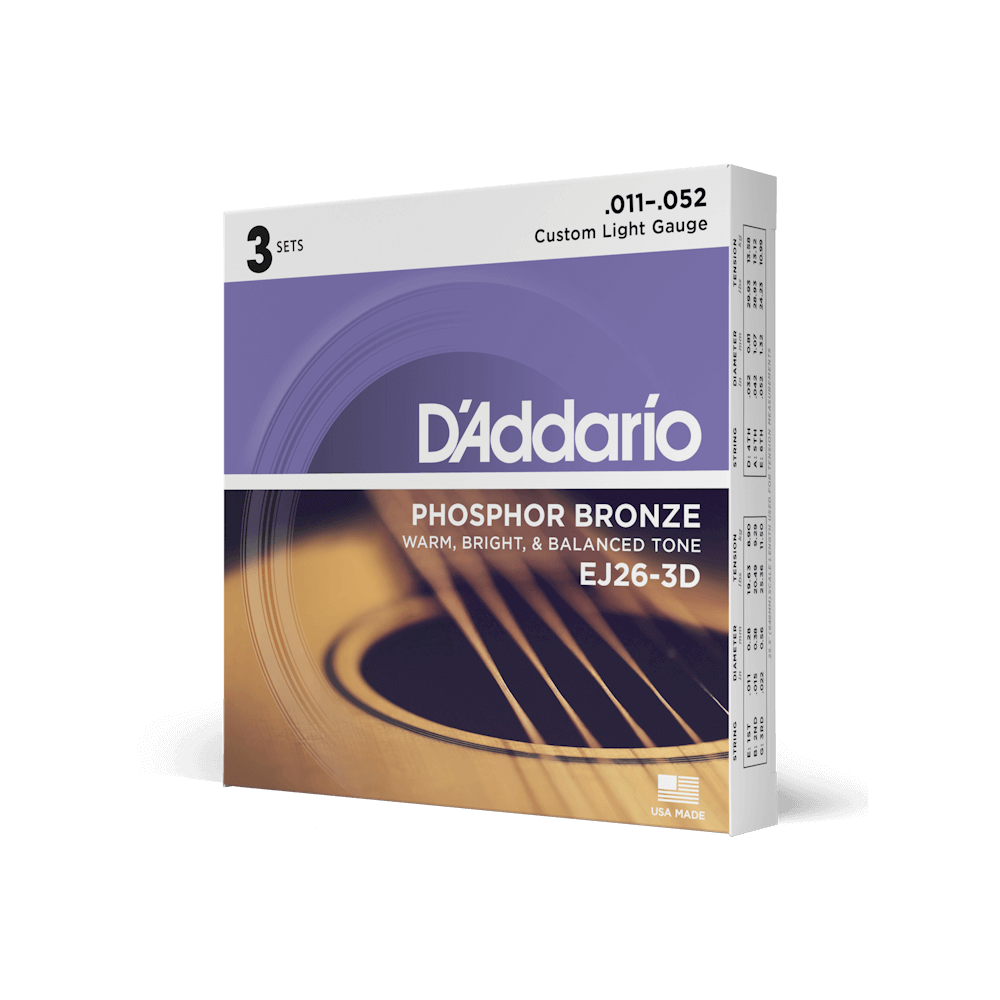 D'Addario Phosphor Bronze Acoustic Guitar Strings - EJ26-3D - 11-52 Custom Light 3 Pack