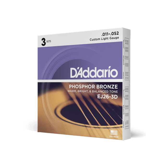 D'Addario Phosphor Bronze Acoustic Guitar Strings - EJ26-3D - 11-52 Custom Light 3 Pack
