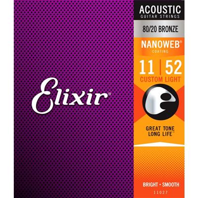Elixir Acoustic 80/20 Bronze Strings with NANOWEB Coating Custom Light Acoustic Guitar Strings - 11-52 Gauge