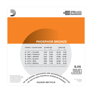 D'Addario Phosphor Bronze Acoustic Guitar Strings - EJ15 - 10-47 Extra Light Set