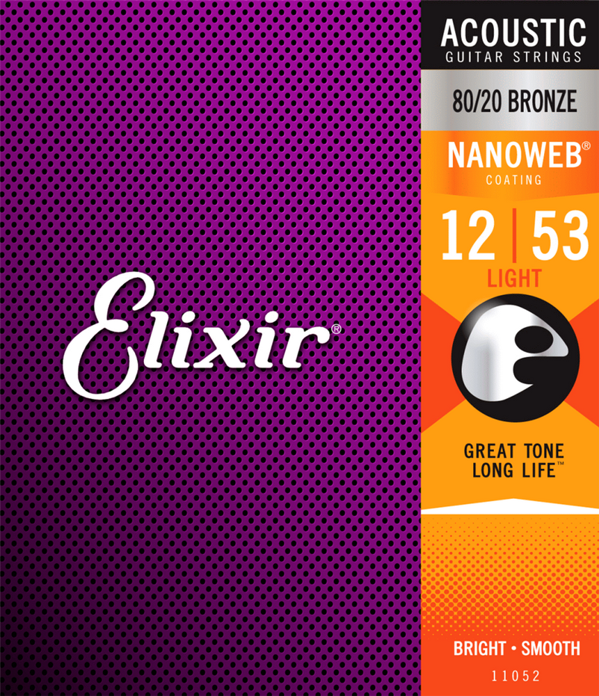 Elixir Acoustic 80/20 Bronze Strings with NANOWEB Coating Light Acoustic Guitar Strings - 12-53 Gauge